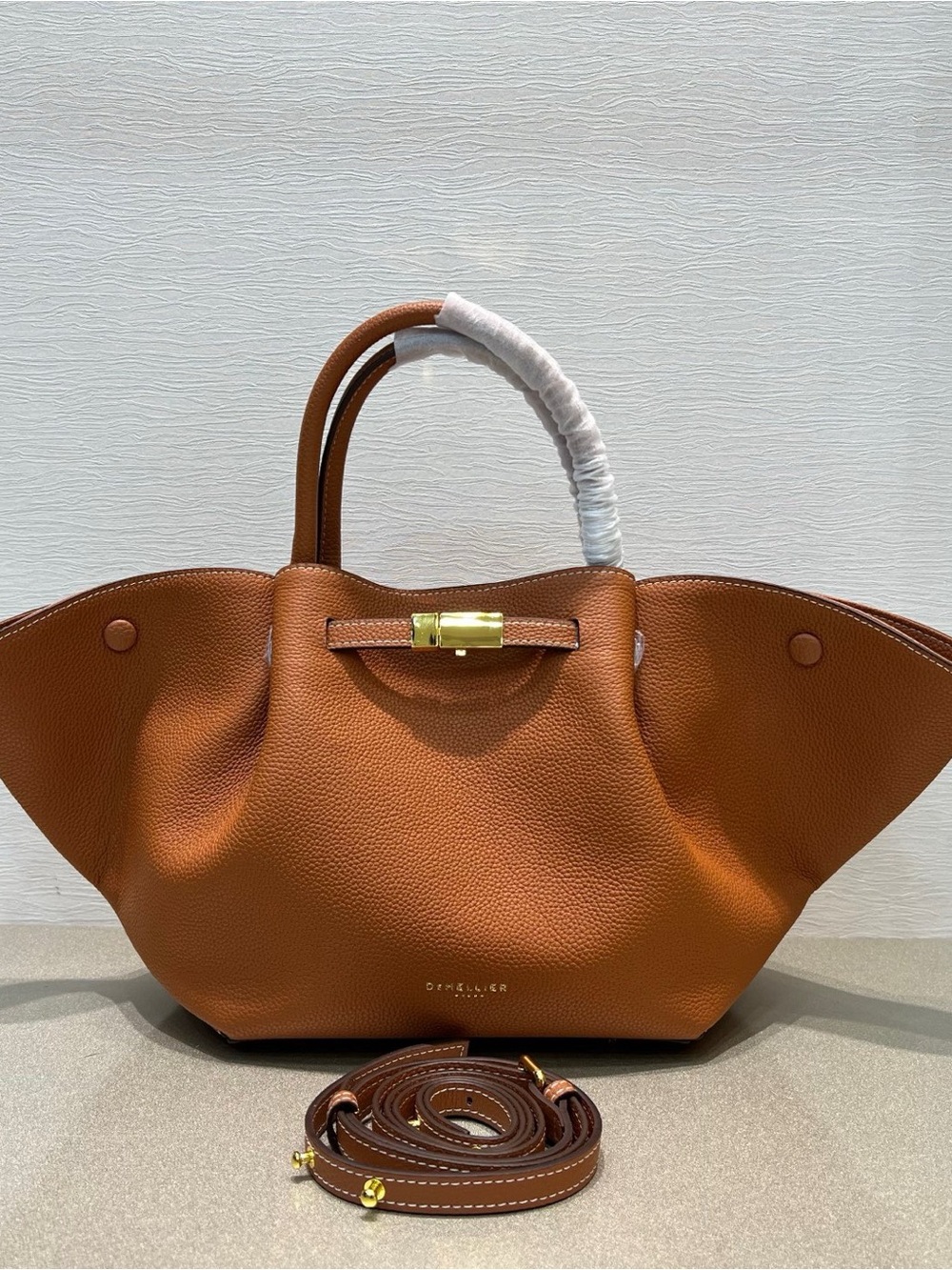 $DeMellier Cognac Brown Pebbled Leather Tote with Gold Hardware